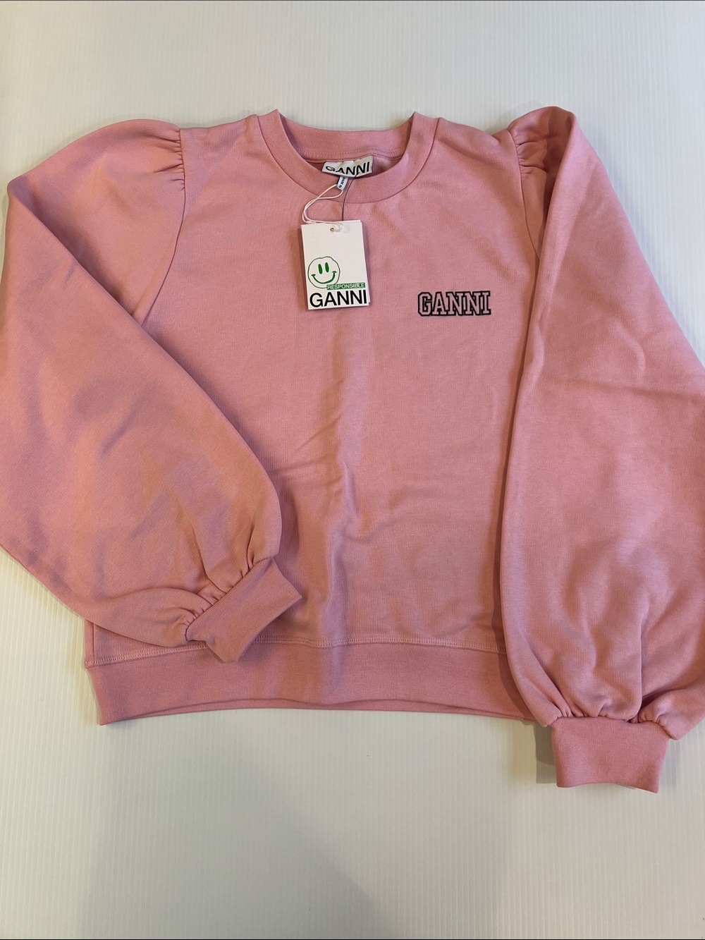 New GANNI Women’s Pink Puff-Sleeve Crewneck Sweater in Size Large